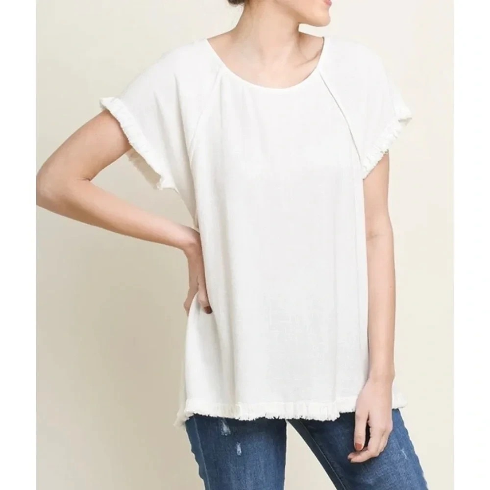 UMGEE White LINEN BLEND Frayed Trim RAW SEAMS Round Neck BLOUSE/TOP Sz 2XL